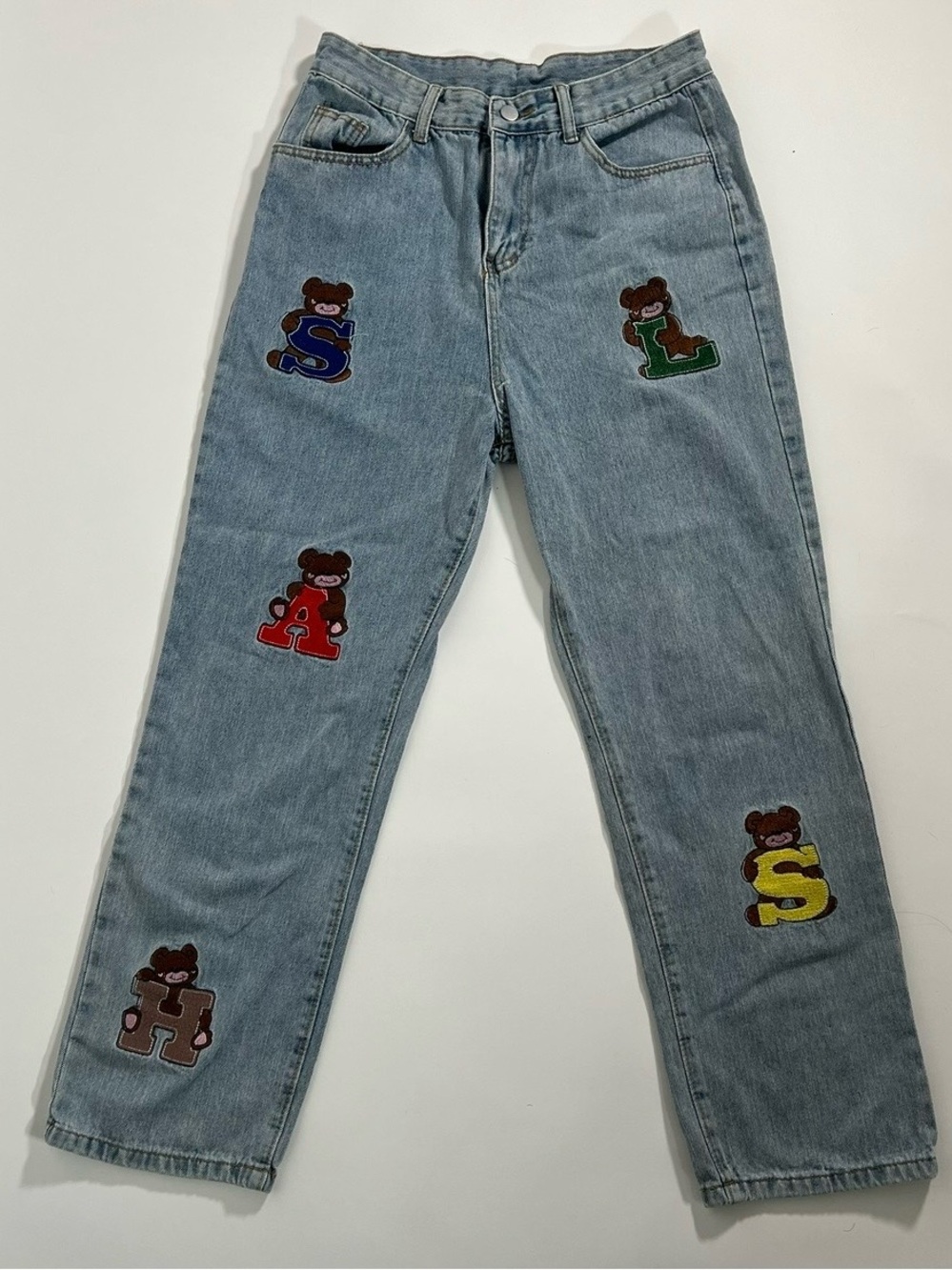 Embroidered Bear Letter Patch Light Wash Jeans
